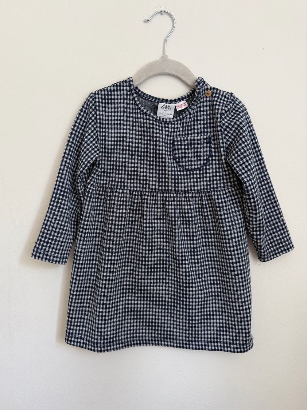 Zara Navy Gingham Long-Sleeve Dress (Size 2-3)